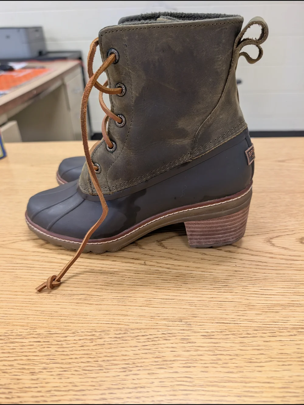Sperry Olive Green and Brown Waterproof Lace-Up Duck Boots